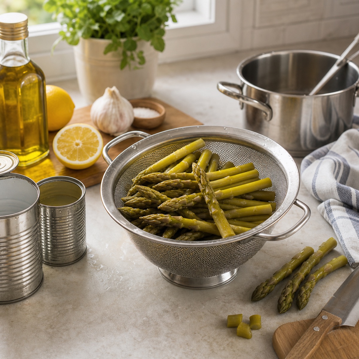 Drained canned asparagus in a colander with lemon and olive oil