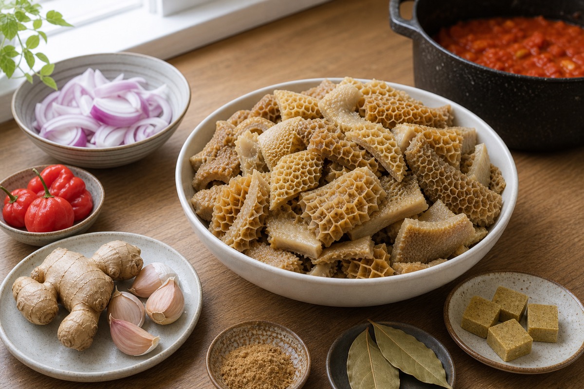 Bowl of cleaned beef tripe with sliced red onion, peppers, ginger, garlic, bay leaves, seasoning, and red stew on a kitchen counter