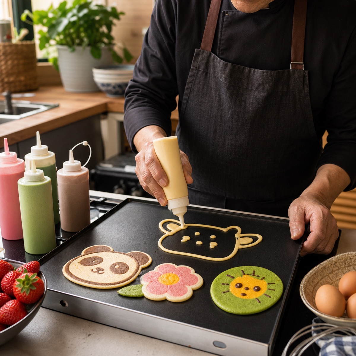 Pancake art being drawn on a griddle with squeeze bottles of batter
