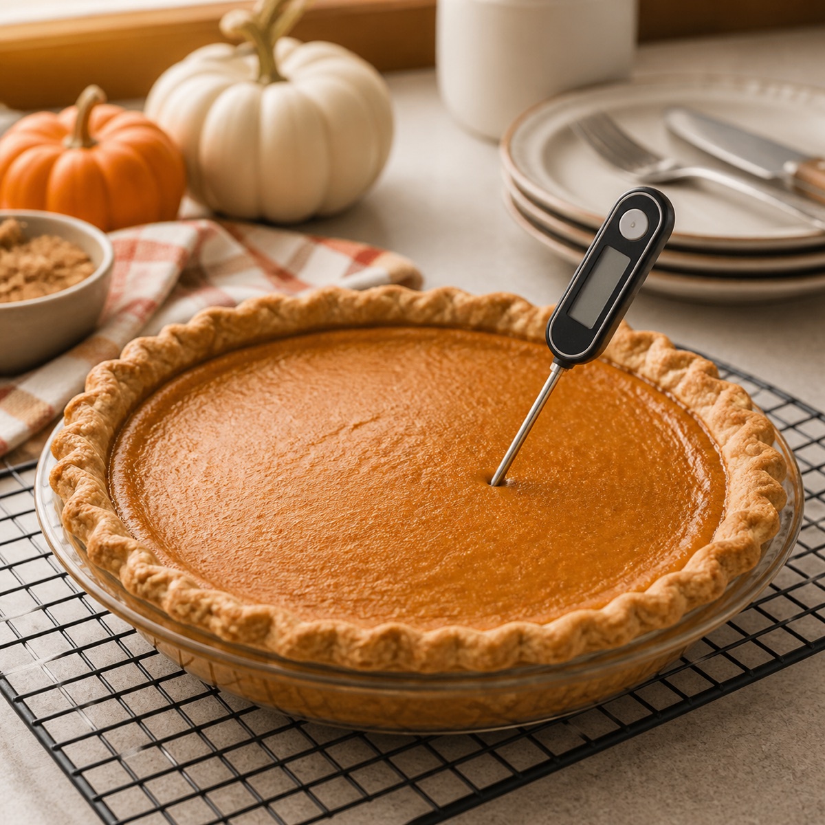 Digital thermometer checking the center of a baked pumpkin pie
