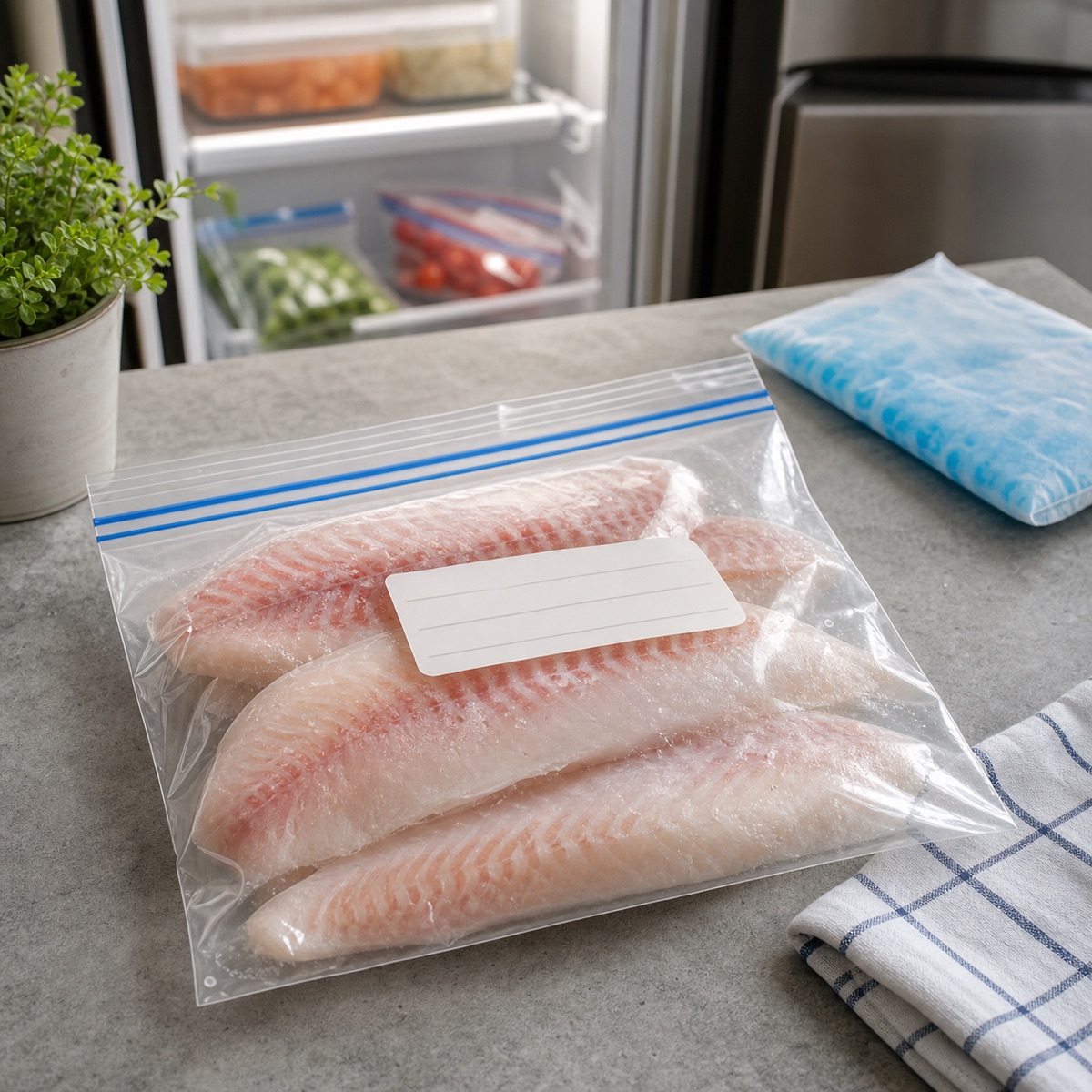 Fish fillets packed in a freezer-safe bag before refreezing
