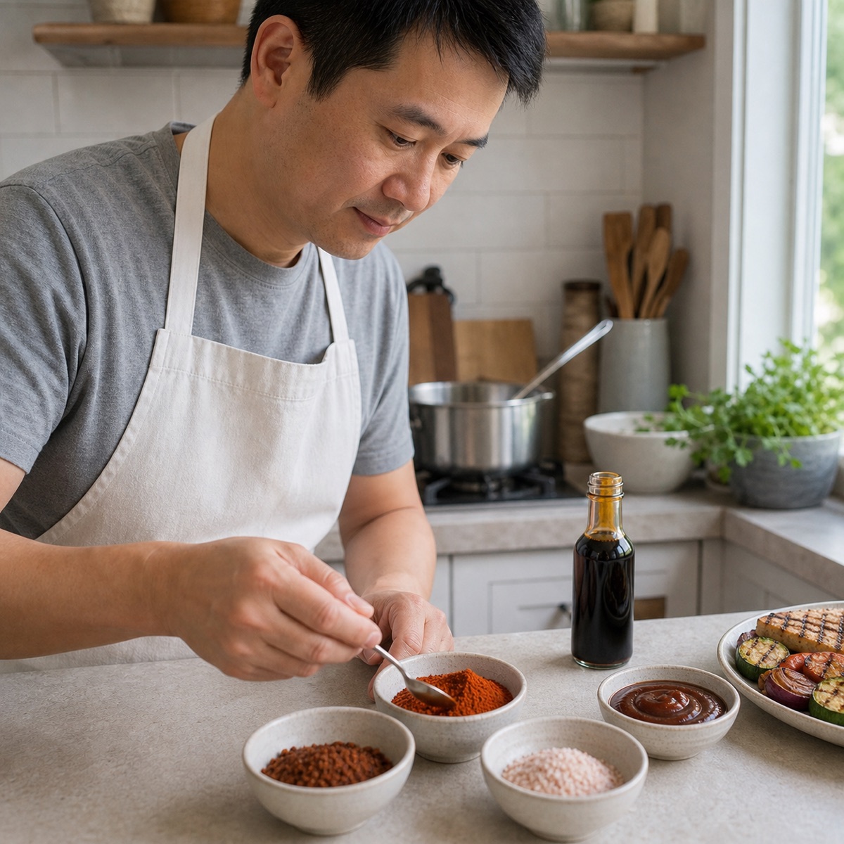 ting comparing liquid smoke substitutes in a home kitchen