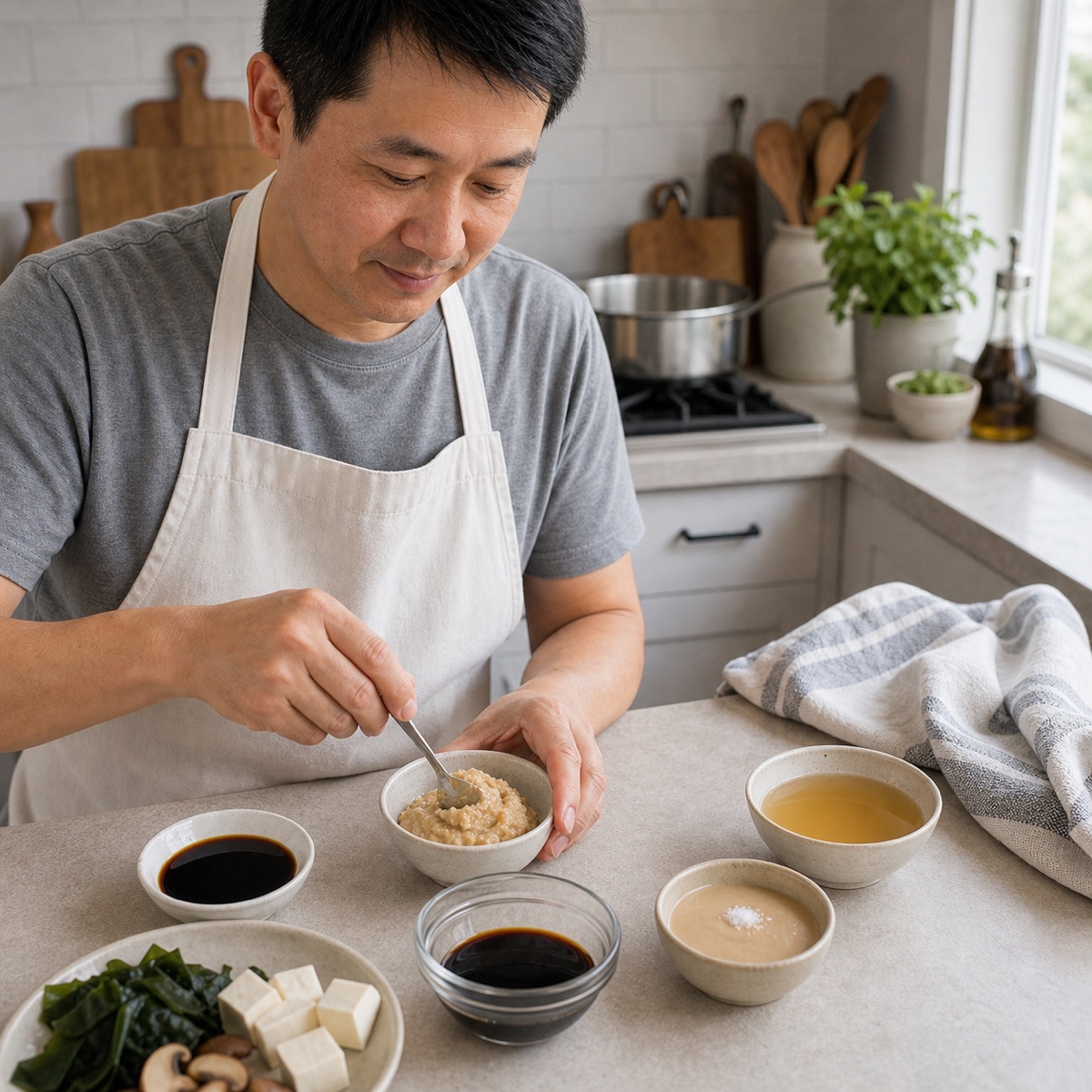 ting comparing white miso substitutes in a home kitchen