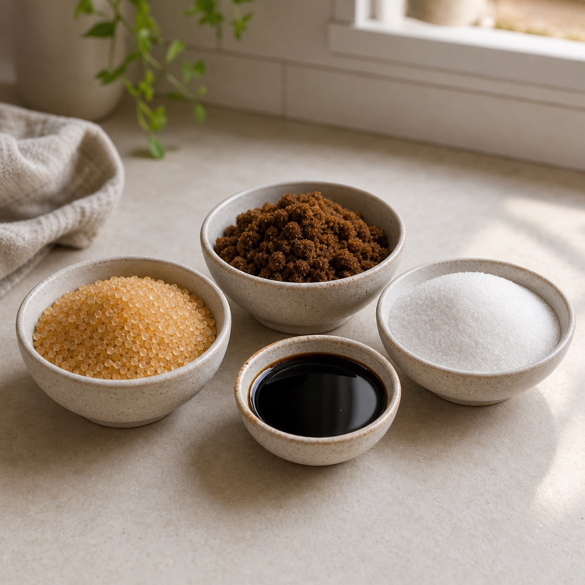 Bowls of turbinado sugar, muscovado sugar, molasses, and white sugar